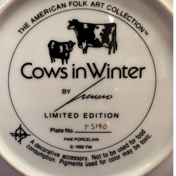 Franklin Mint American Folk Art Collection Cows in Winter  plate 1992 Herrero - Picture 3 of 3